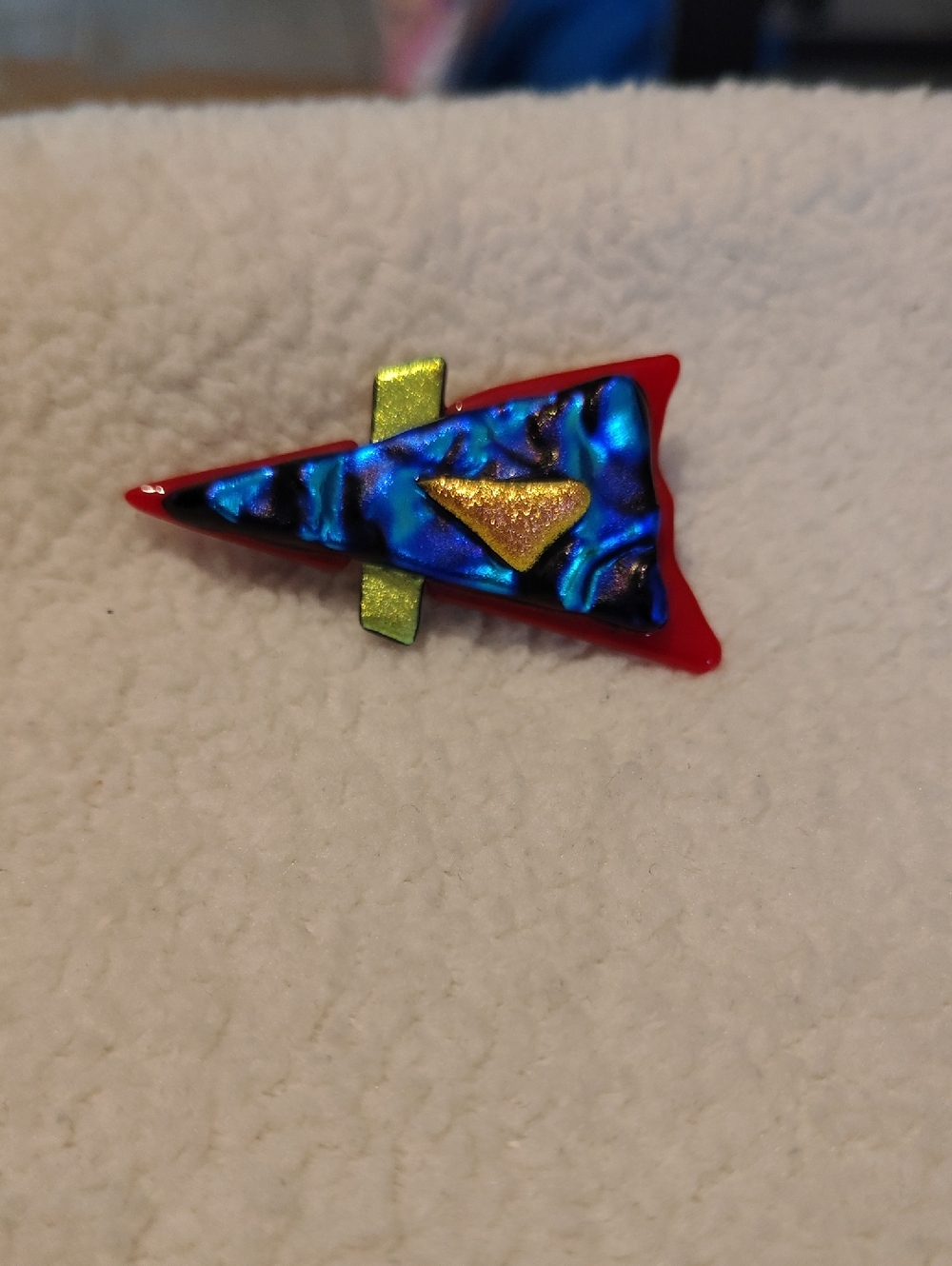 Handmade Dichroic Glass Arrow Brooch in Red, Blue, Gold